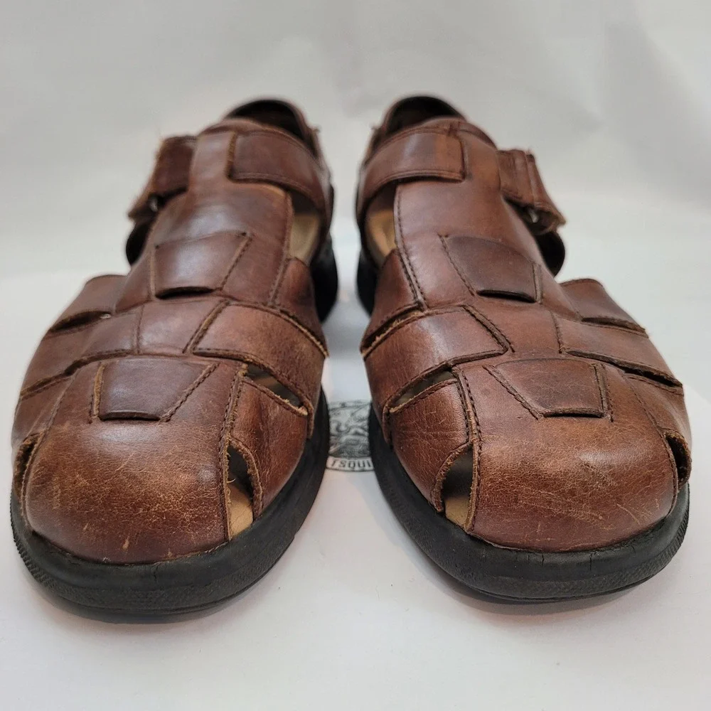 Thom McAn Fisherman Sandals Mens Brown Leather Woven Hook Loop Comfort 9
